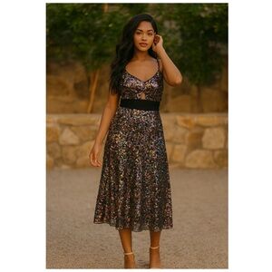 LDT Black Multicolor Cutout Sequined Midi Slip Dress Size 4 NWT